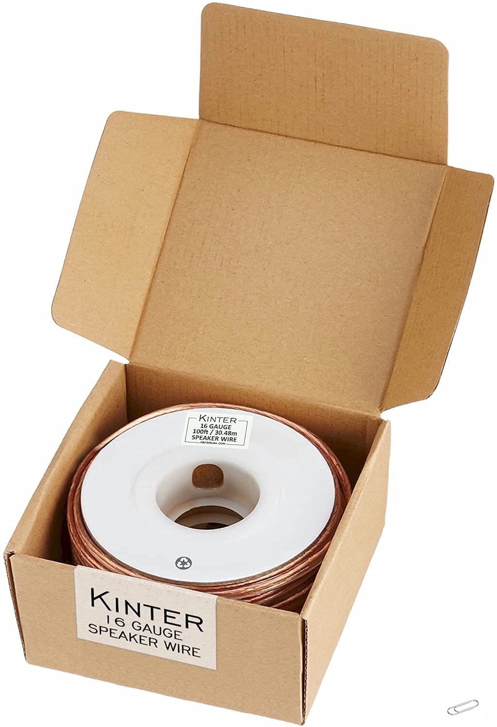 Kinter Cable 100ft 16-Gauge Audio Stereo Speaker Wire Cable, 100 Feet, 30.48 Meters, 2 Conductor, Polarity Marked, Flexible Clear PVC, CCA, Home