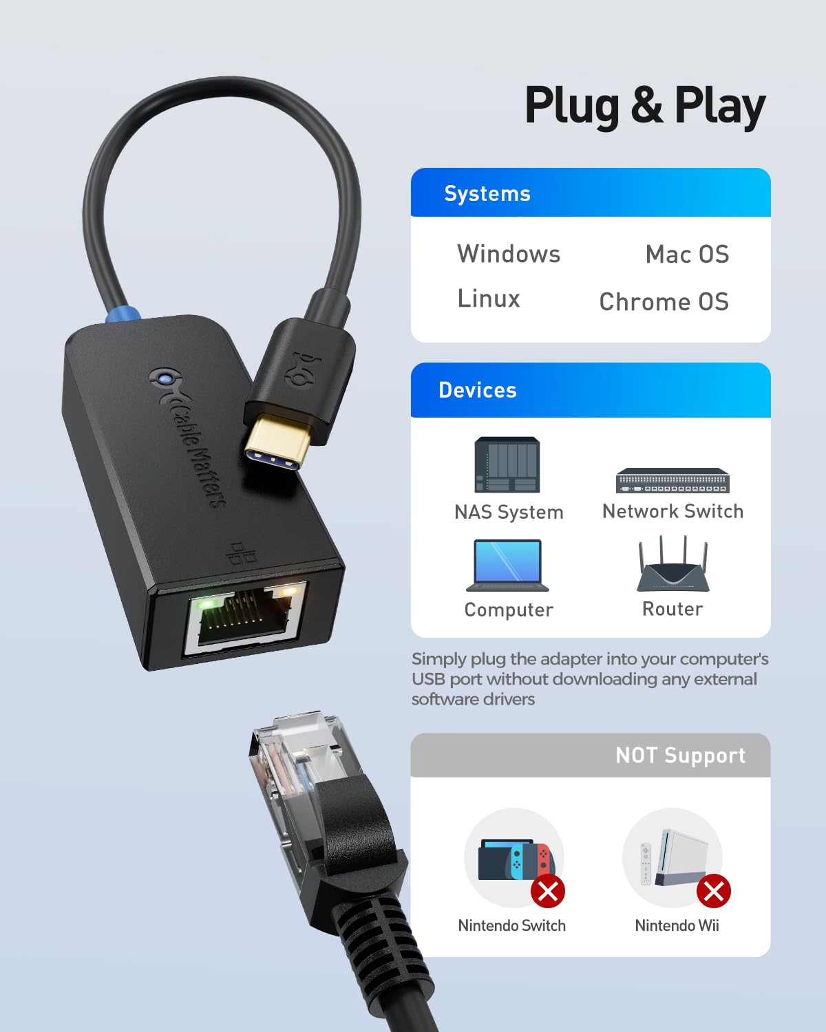 Cable Matters USB C to 2.5Gb Ethernet Adapter, 2500Mbps Ethernet to USBC