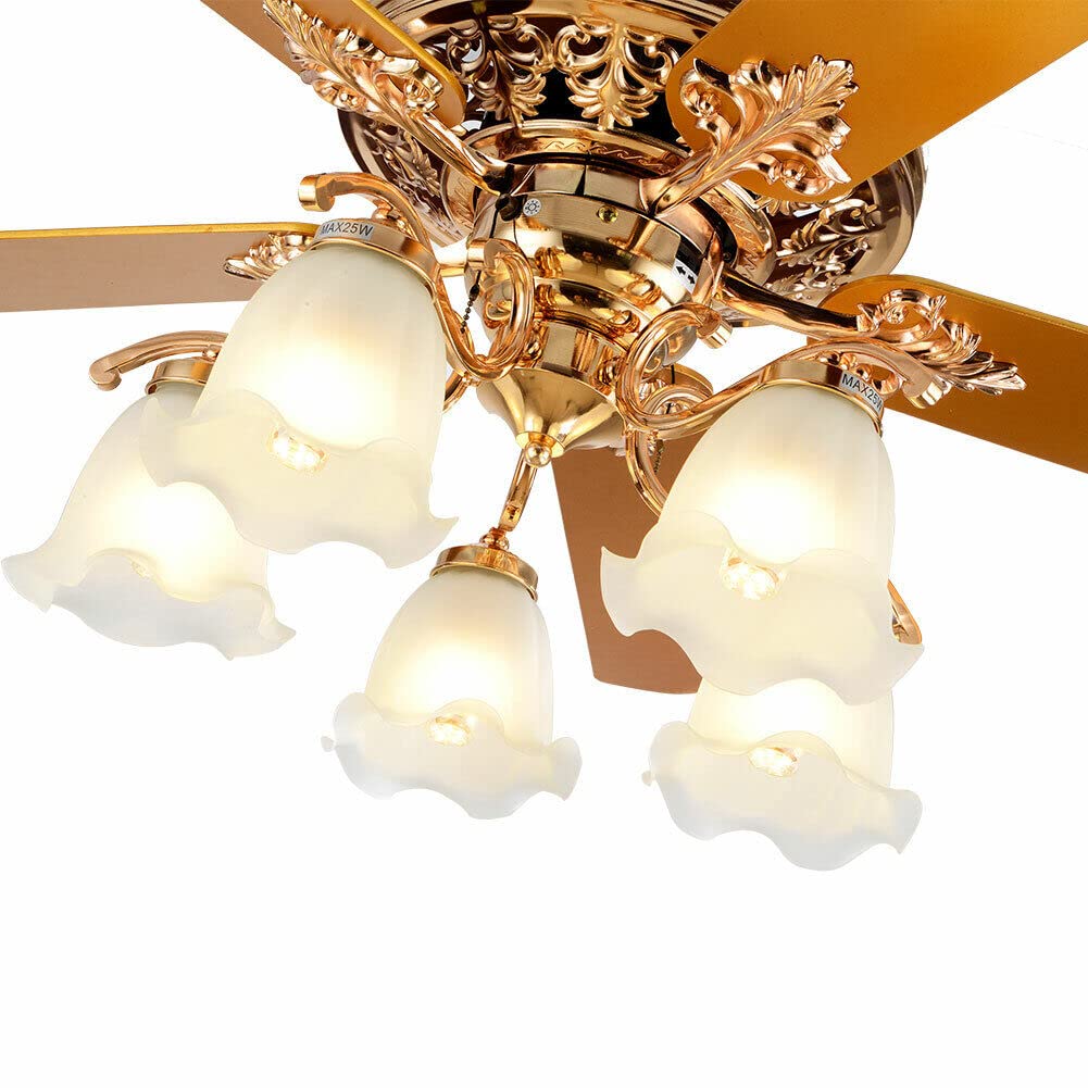 SanBouSi 52 Inch Chandelier Ceiling Fan 5 Reversible Blades with 5 Flower Glass Light, Modern Golden Style LED Fan Chandelier Indoor Home Decor