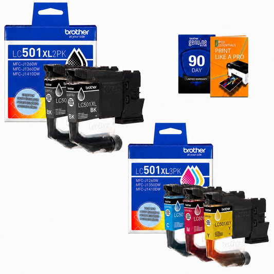 Brother Genuine LC501XL2PK (2 Black) LC501XL3PK (Cyan, Magenta, Yellow) High Yield Ink Cartridge Bundle with Deco Essentials Printer eBook