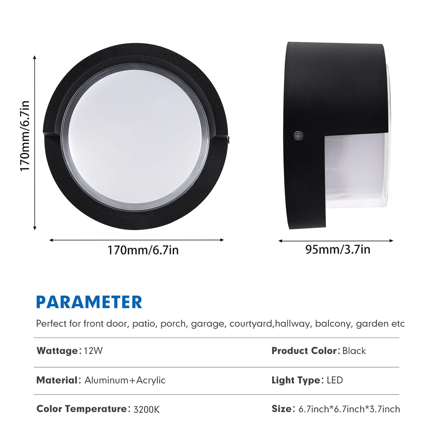 Aiwewin Round Outdoor Sconce Lights, Low Profile Outdoor Porch Lighting, Modern Light Fixtures, 12W 3200K for Patio, Deck(6 Inch)