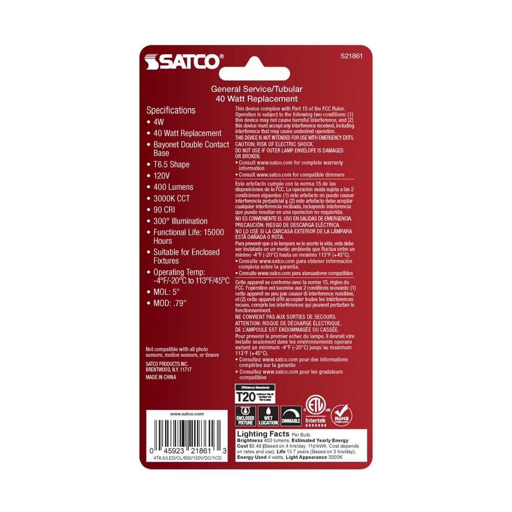 Satco 21861-4T6.5/LED/CL/930/120V/DC/1CD Tubular (S21861) Double Contact Bayonet Base Exit Light Bulb