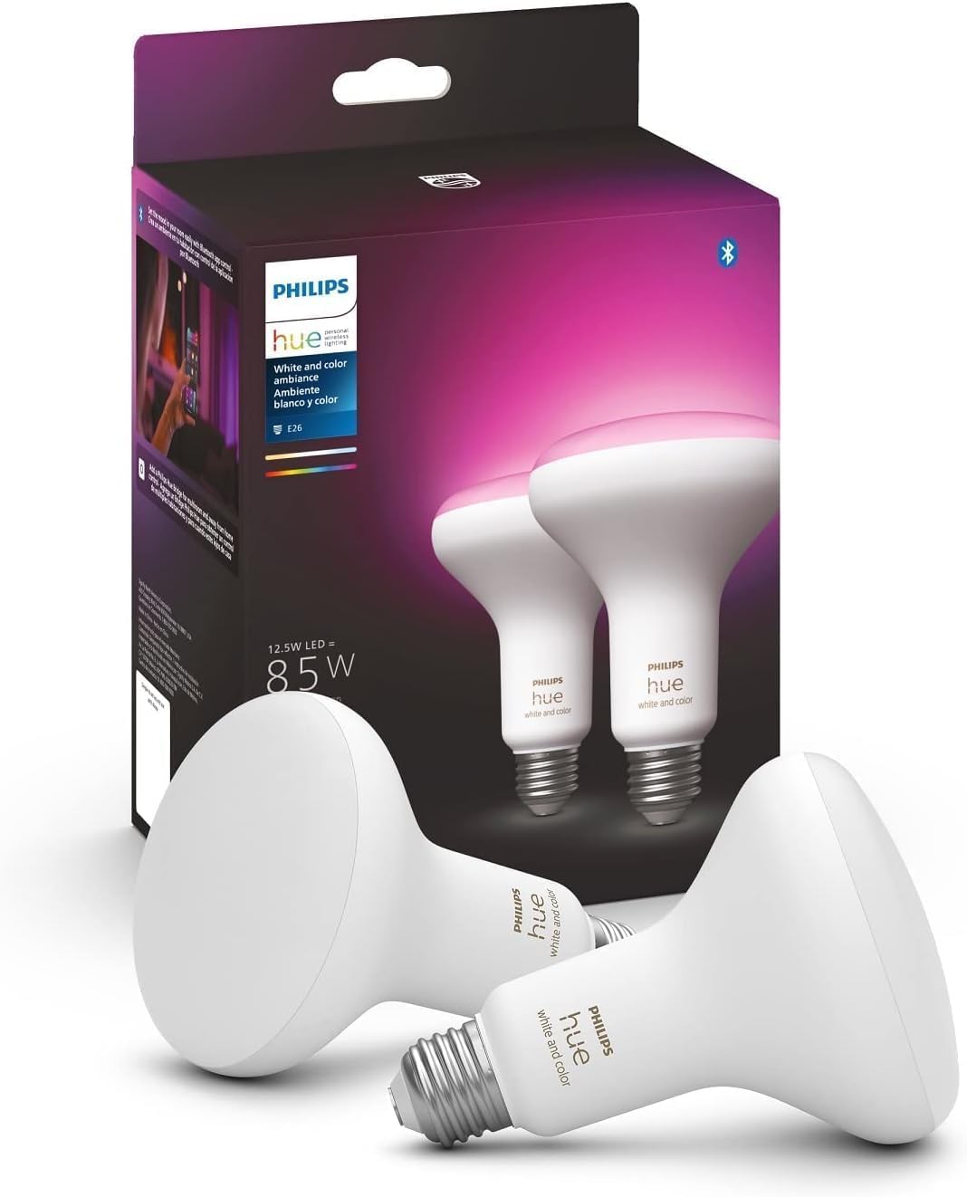 Philips Hue BR30 LED Smart Light Bulbs 2-Pack, Flicker-Free 85W Light Bulbs, Bluetooth Compatible, Compatible with Alexa, Google Assistant, and Apple