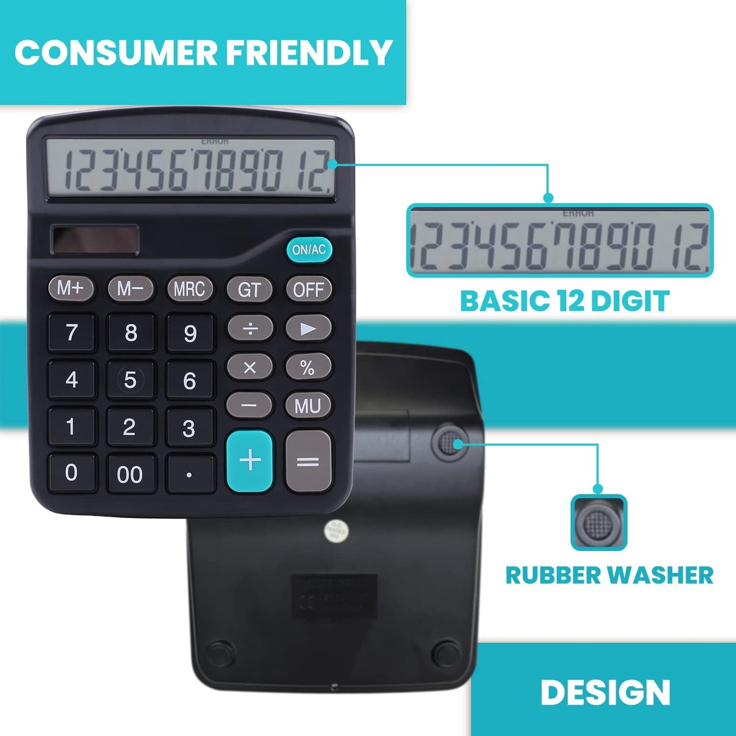 LICHAMP Desk Calculators with Big Buttons and Large Display, Office Desktop Calculator Basic 12 Digit with Solar Power and AA Battery (Included), 6