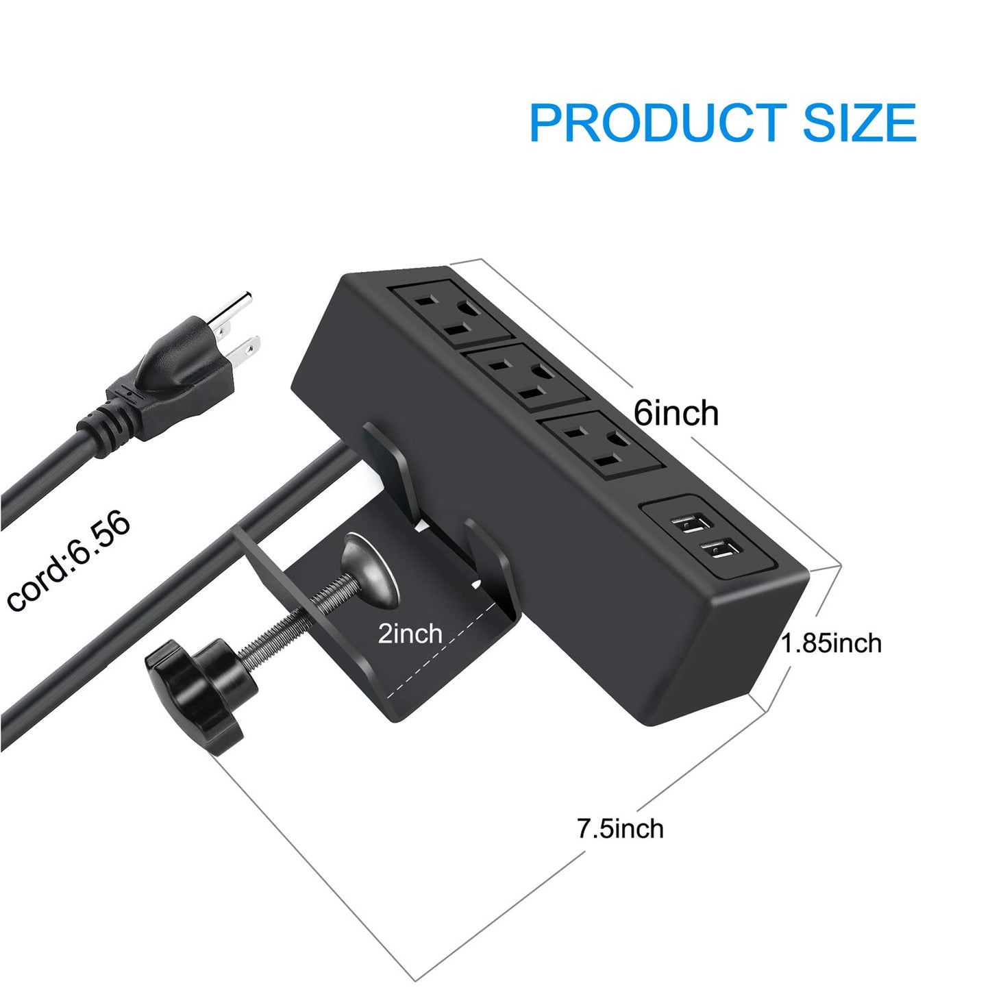 CCCEI 3 Outlet Desk Clamp Power Strip with USB Ports, Desktop Power Strip Surge Protector 1200J. Table Mount Charging Power Station, on Edge Power