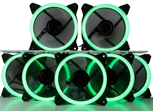 CUK 7-Pack Green Halo Ring 120mm LED Vibrant Color Computer Case Fan for CPU Coolers and Radiators - High Airflow 45 CFM & Anti-Vibration Pads