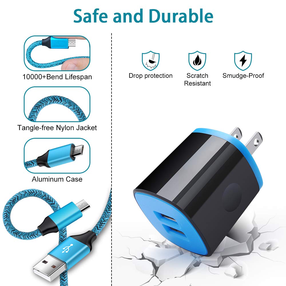 Android Charger Fast Charging Micro USB Cable, 6FT Nylon Micro Cord Wall Charger Block, AbcPow 2.1A Power Adapter with Phone Cord Compatible