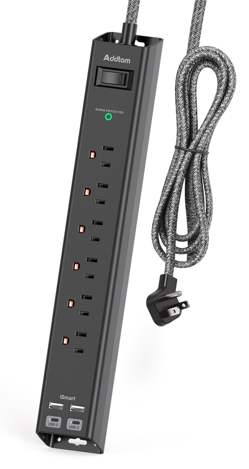 Surge Protector Power Strip - Extension Cord with Addtam 6 AC Outlets 4 USB (2 USB-C Ports), 1875W/15A, Flat Plug with Overload Surge Protection