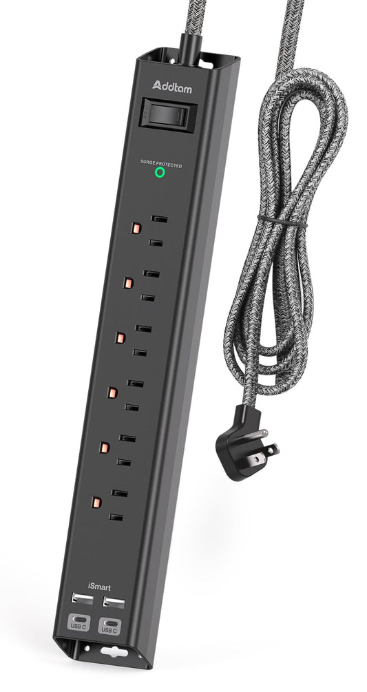 Surge Protector Power Strip - Extension Cord with Addtam 6 AC Outlets 4 USB (2 USB-C Ports), 1875W/15A, Flat Plug with Overload Surge Protection