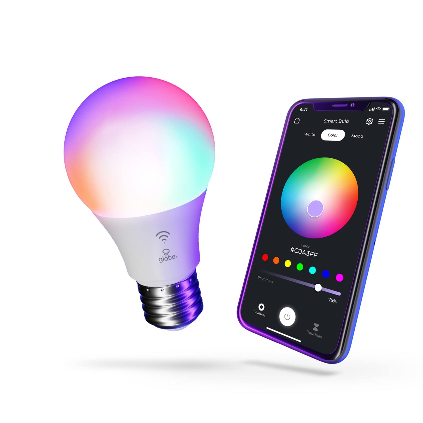 Globe Electric Wi-Fi Smart 10W LED Bulb, Multicolor RGB + Tunable White 2000K-5000K, A19 Shape, E26 Base, App + Voice Control, No Hub Required, 34212