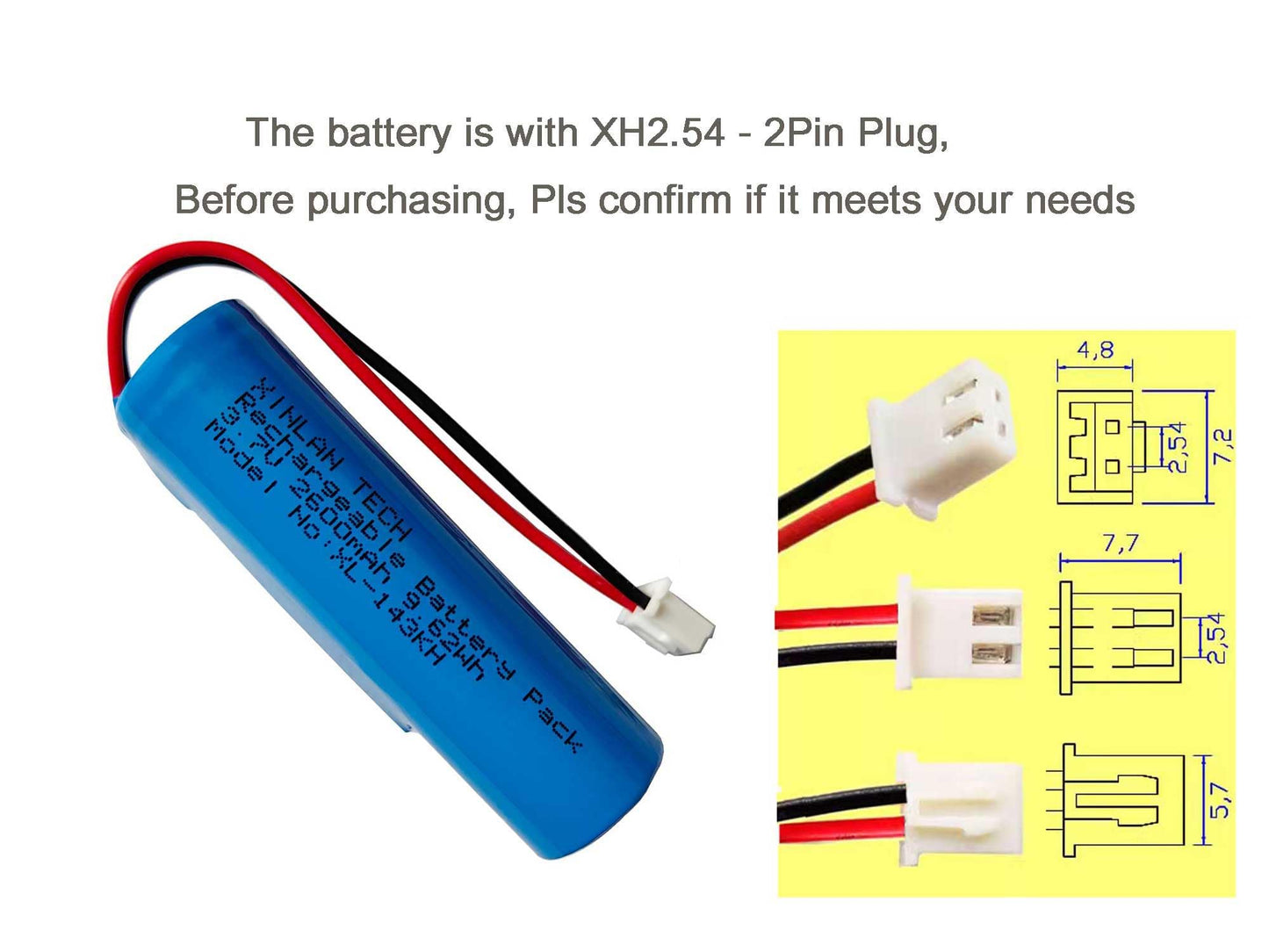 XINLANTECH 3.7V 2600mAh 18650 Rechargeable Li-ion Battery with Jst XH2.54/2P Connector Plug Wires for DIY Electronics, Toys, Lighting,Bluetooth…