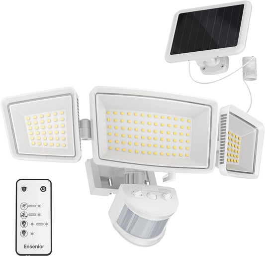 Ensenior 5 Motion Sensor Modes Solar Security Light, 1800LM 270° Wide Angle 3 Heads LED Flood Lights, IP65 Waterproof Wall Lights, Separate Solar