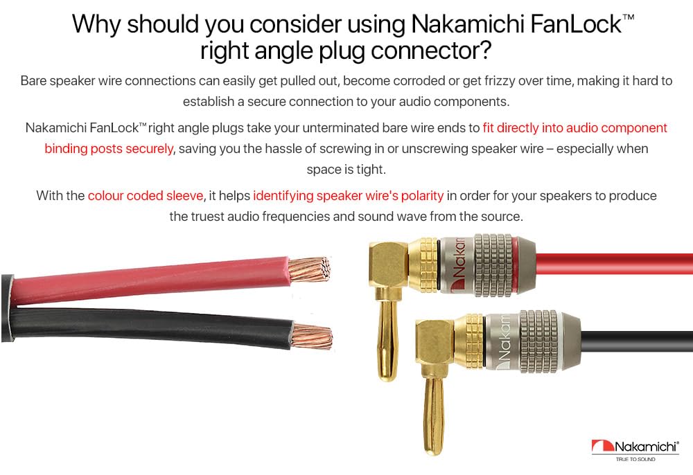 Nakamichi FanLock Excel Series 24k Gold Plated Right-Angle 90 Degree Banana Plug 10 AWG - 18 AWG Gauge Size 4mm for Speakers Amplifier Hi-Fi Home