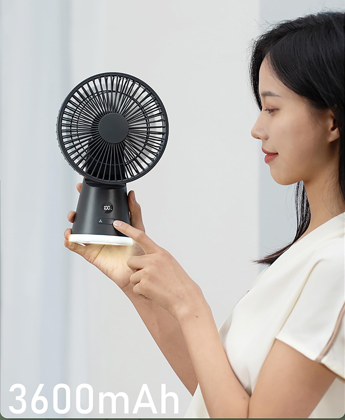 Gouccpu 9.6" Personal Rechargeable Desk Fan with Led Display & Nightlight, 90° Tilt Adjustable 5 Speeds 3600mAh Portable Small Quiet Table Fan, USB C