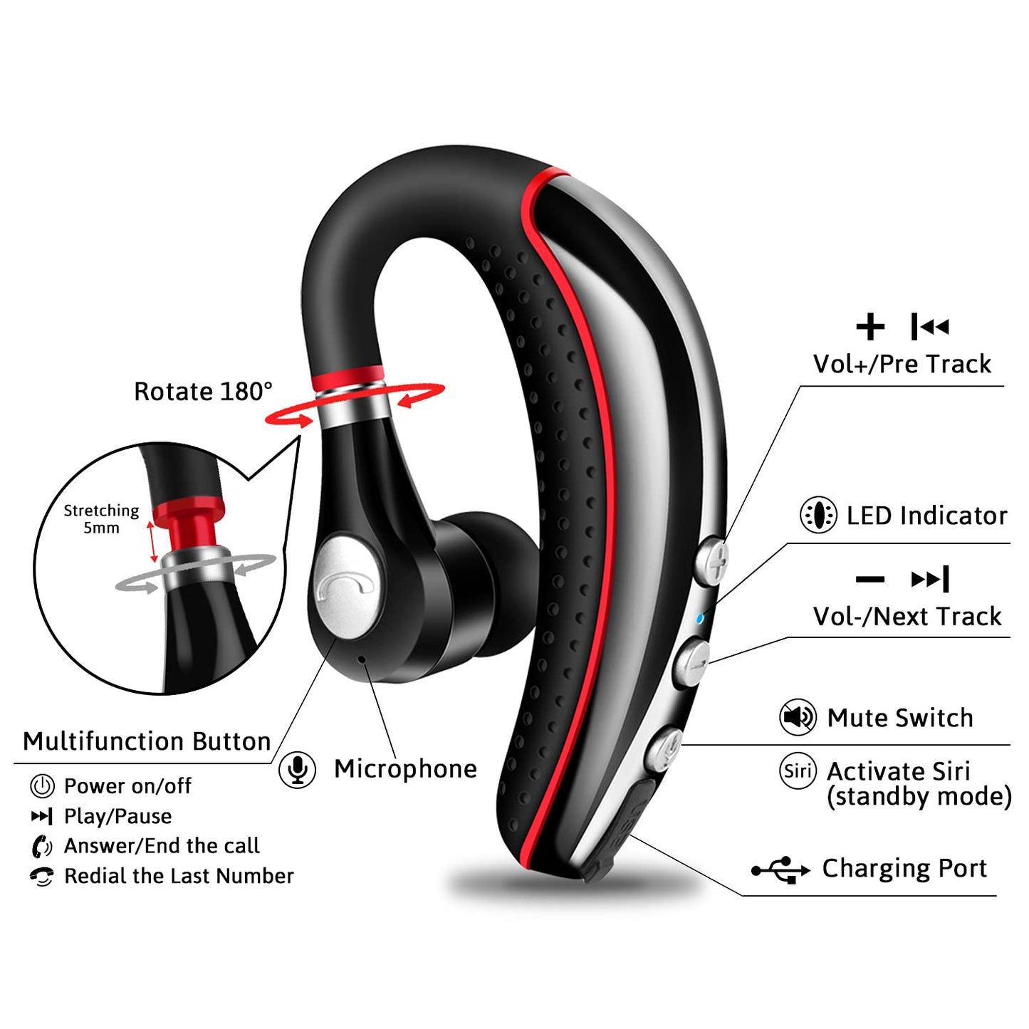 LSAPT Bluetooth Headset V5.0,Wireless Bluetooth Earpiece with Noise Canceling Mic for Cell Phone,Business Earphone