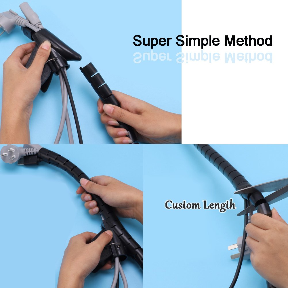 Black Computer Cable Management Wire Cover Electrical Cord Hider Solutions 2 PCS, VIWIEU Tangle Sprial Cable Tube with 4 Adhesive Cable Clips for TV