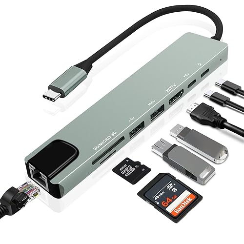 Vrebrey 8-in-1 USB-C Hub, Multi-Port Adapter for Laptops, 4K@60Hz HDMI, 85W Power Delivery, 3X USB-A 3.0 & USB-C Data Ports, SD/TF Card Reader