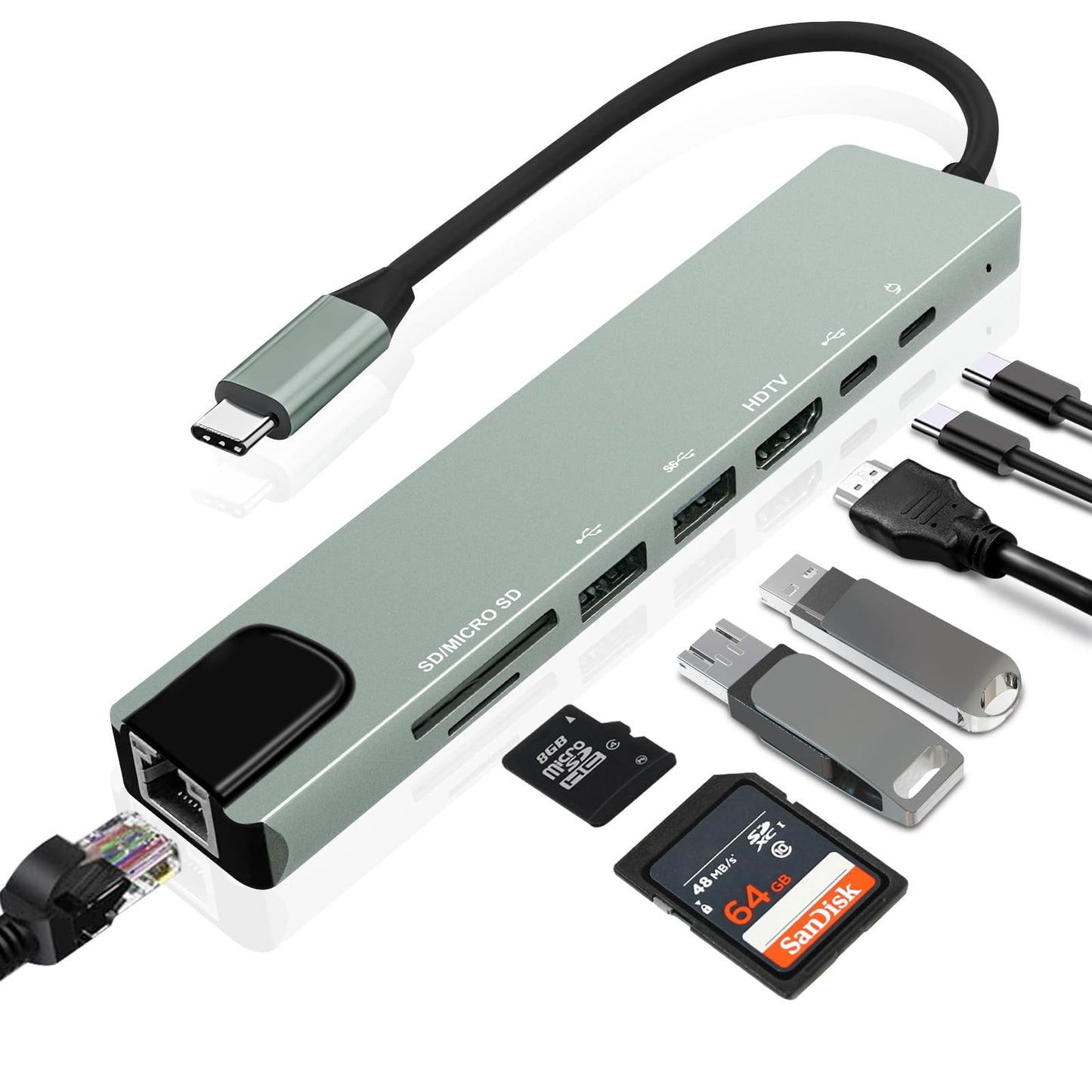 Vrebrey 8-in-1 USB-C Hub, Multi-Port Adapter for Laptops, 4K@60Hz HDMI, 85W Power Delivery, 3X USB-A 3.0 & USB-C Data Ports, SD/TF Card Reader