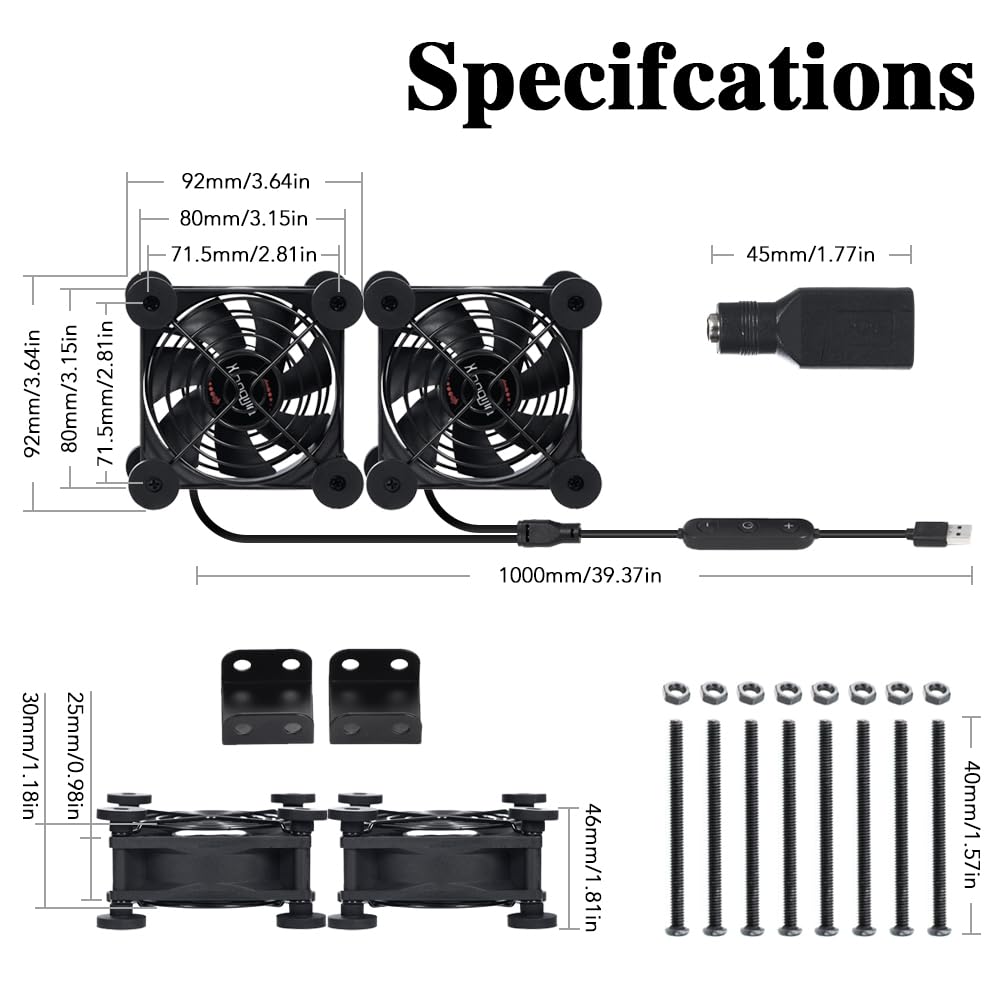 Xiaoqijia Dual 80mm Cooling Fan - 10-Speed USB 5V/DC 12V Power, IPX5 Waterproof for Tablet, TV, Router, Xbox, DVR, Computer Cabinet, Greenhouse