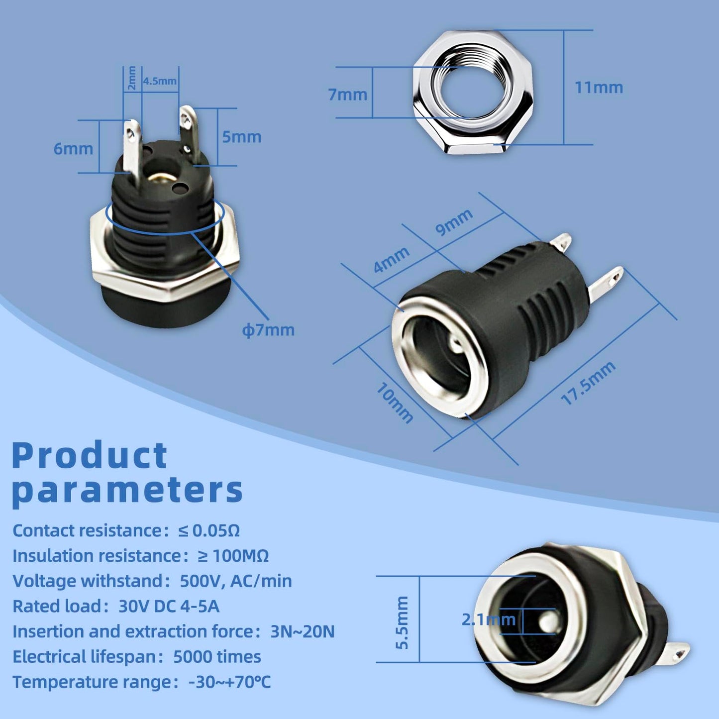 CenryKay 25PCS 5.5mmx2.1mm 2 Pins DC Power Jack Female Panel Mount Connector with Hex Washer