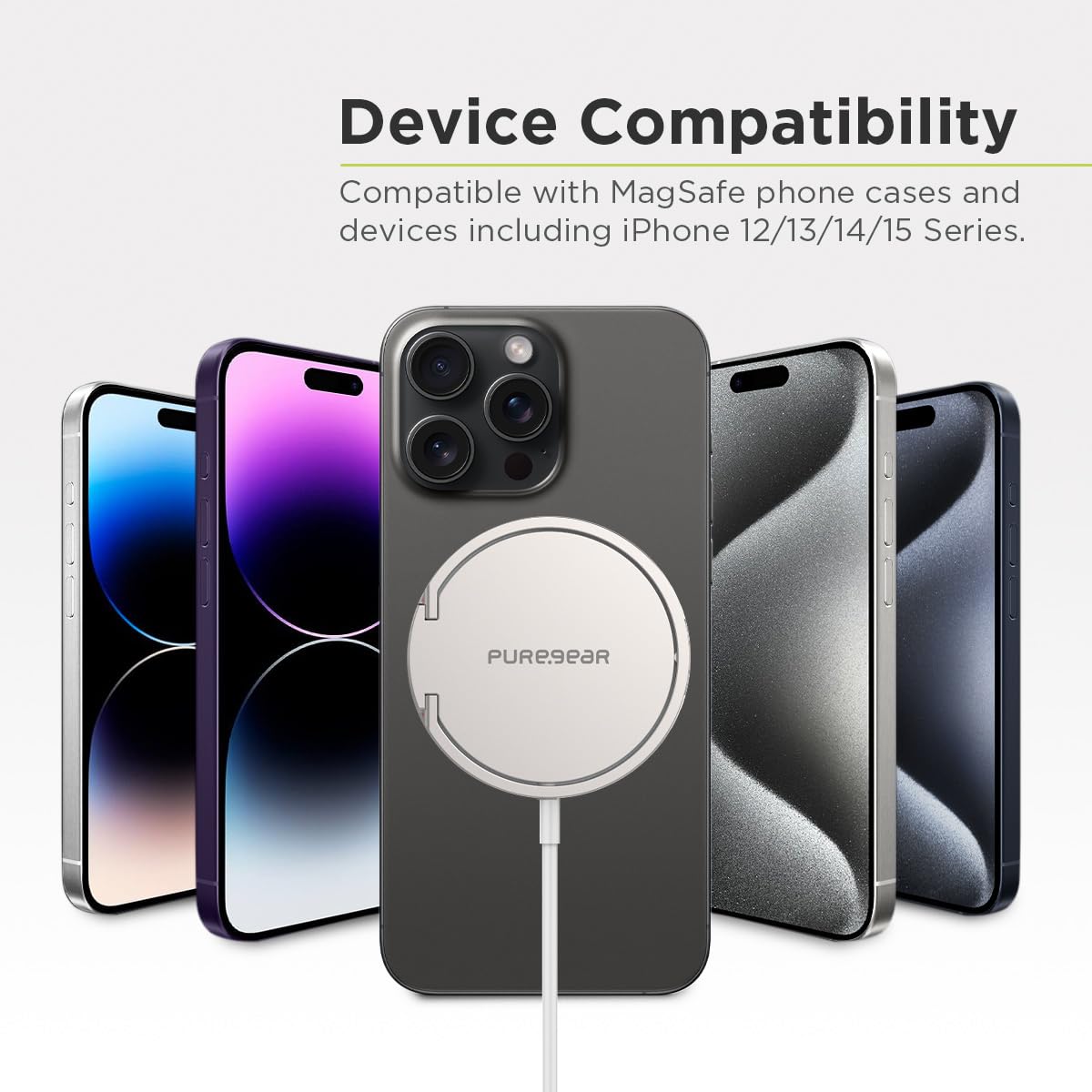 PureGear Kickstand 15W Qi-Certified Fast Magnetic Wireless Charging Pad for iPhone 15/15Pro/15ProMax/14/13/12 Series Work with MagSafe Case