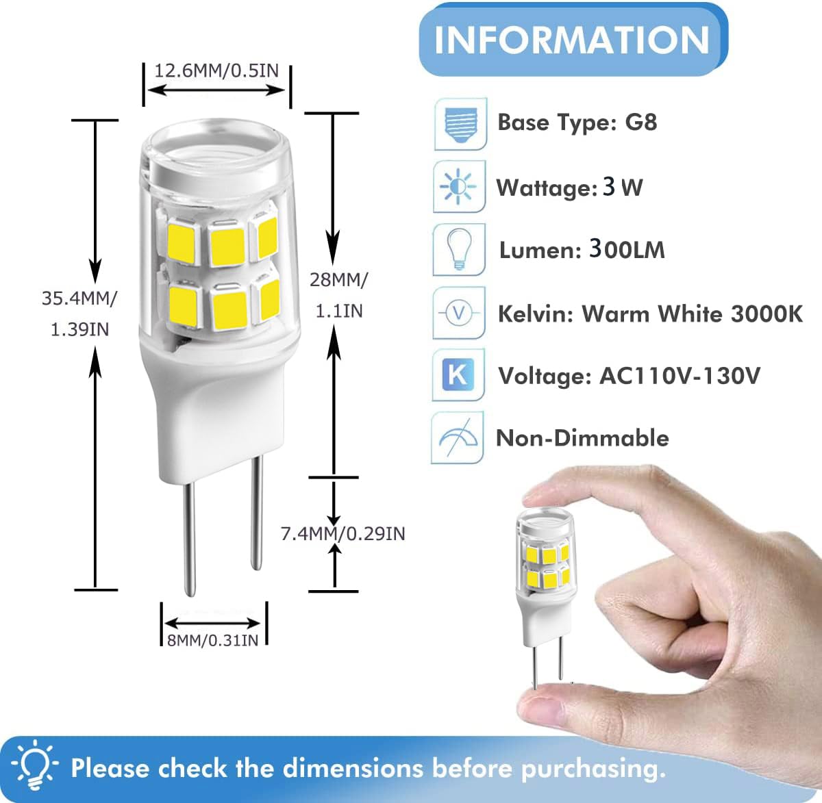 SSXBF G8 Led Bulb, 20-25W Halogen Equivalent 3W T4 Bulb, Daylight White 6000K, 120V Puck Light Bulbs for Under Cabinet Light, Under Counter Kitchen