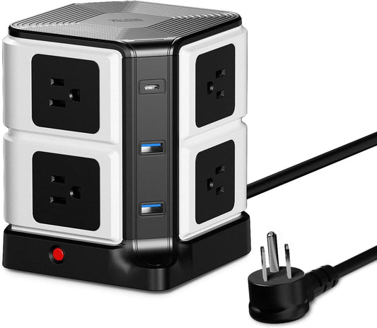 Power Strip Tower with PD20W USB C, BESTEK 8-Outlet and USB Charging Ports 2100 Joules Surge Protector, 5 Feet Extension Cord Flat Plug ETL Listed