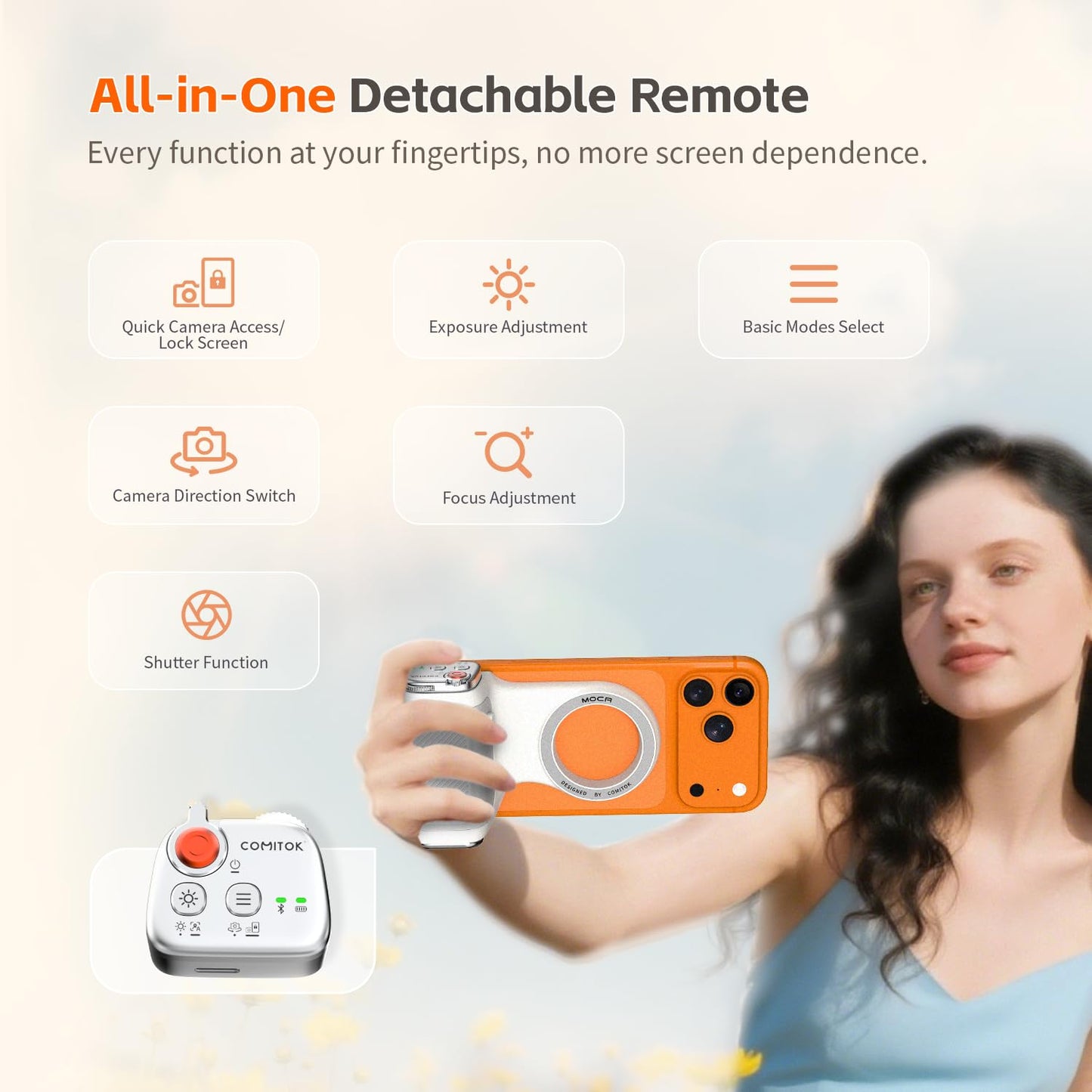 COMITOK MOCA - iPhone Camera Grip - for Native Camera Control with Removable Remote & Built-in Keychain, Magnetic Phone Camera Grip No Need App