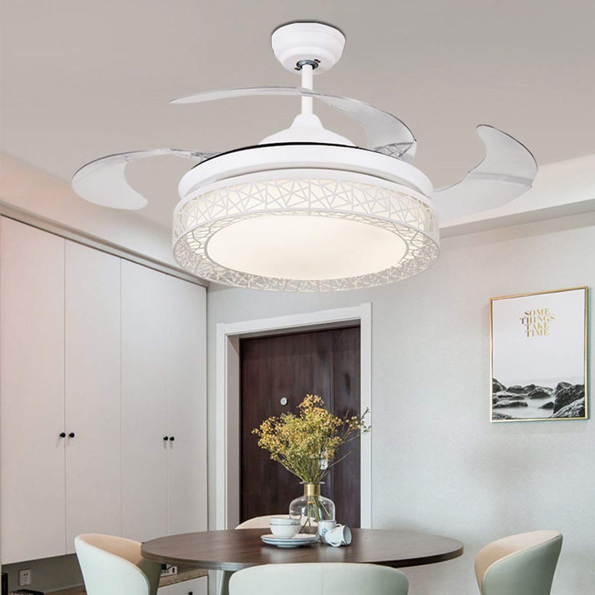 42" Retractable Ceiling Fan with Light, Modern Chandelier Ceiling Fan with Remote, Retractable Blades, 3 Color Light Dimmable Ceiling Fan and Light