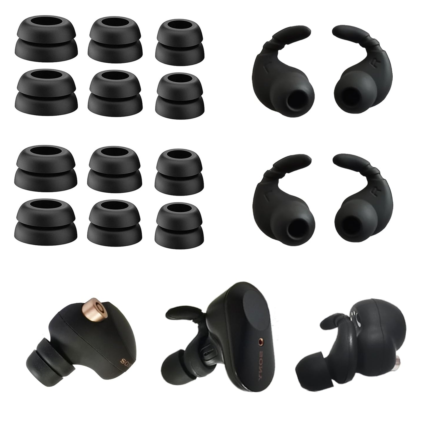 Anti-Slip Double Flange Ear Tips for Sony Earbuds Replacement Ear Hooks for Sony WF-1000XM5/M4/WF-C500/Linkbuds S Earbuds Tips Black