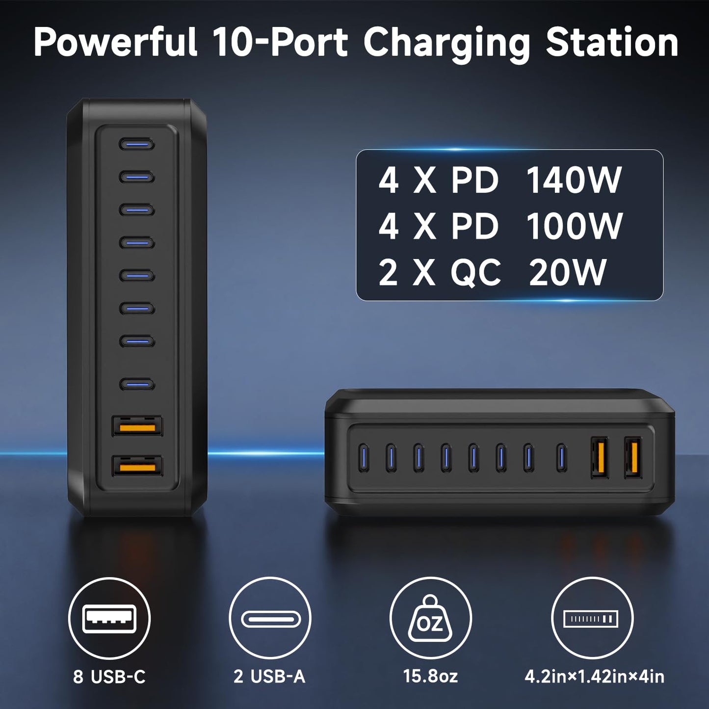 1000W USB C Charger Block,10 Port USB C Charging Station GaN Type C Charger Block,PD 140W Laptop Fast Charger Adapter with 8 USB-C Ports and 2 USB-A