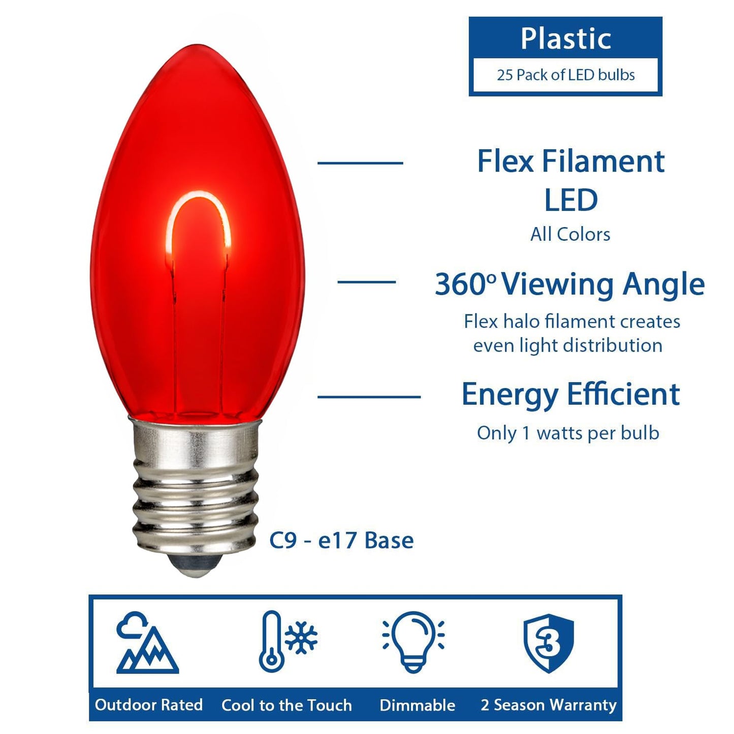 Festive Living 25 Pack Red C9 LED Replacement Bulbs, E17 Intermediate Base