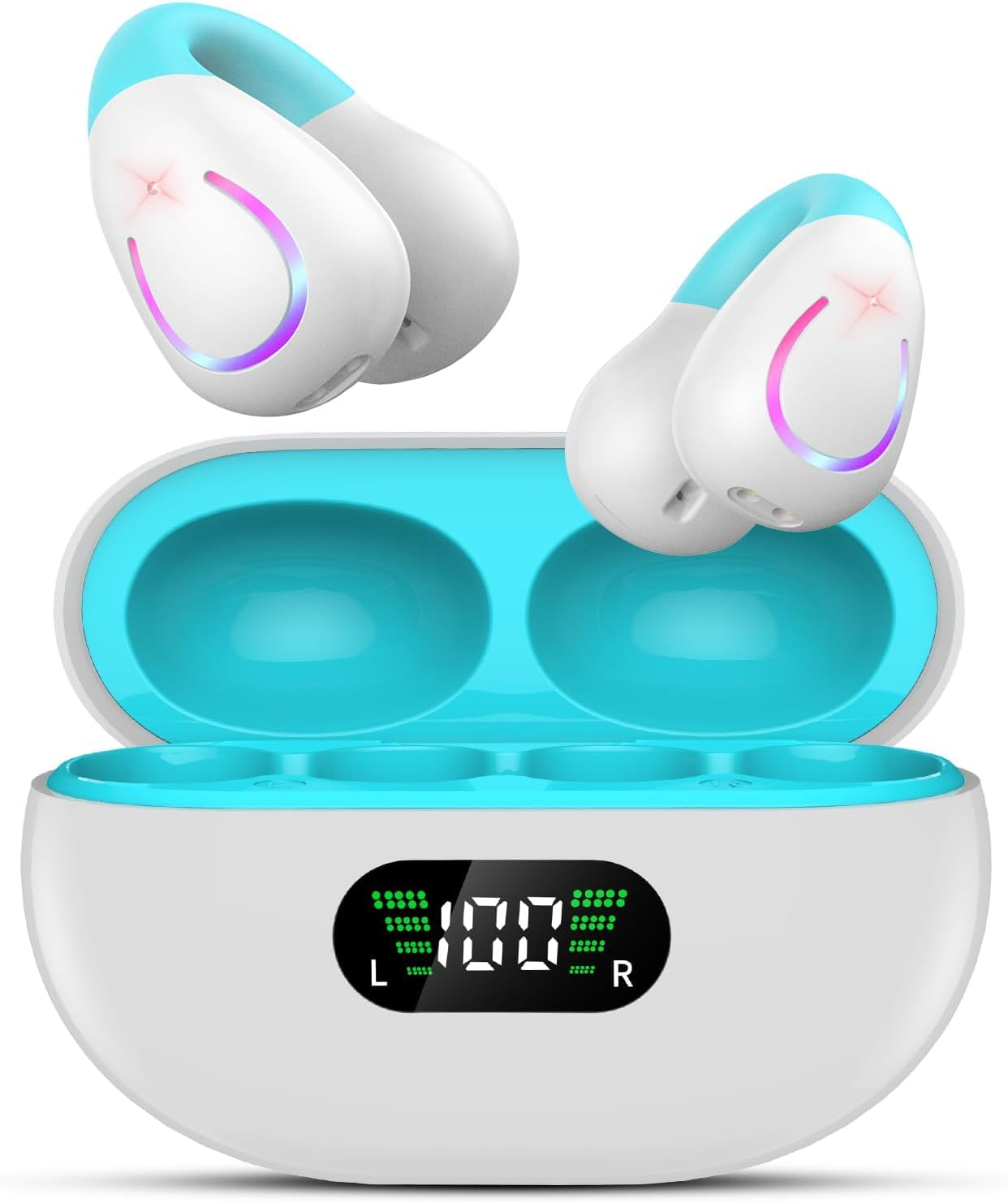 Open Ear Bone Conduction Headphones Bluetooth 5.3Wireless Clip On Earbuds with Digital Display Charging Case 60 Hours Playtime Sport Earphones