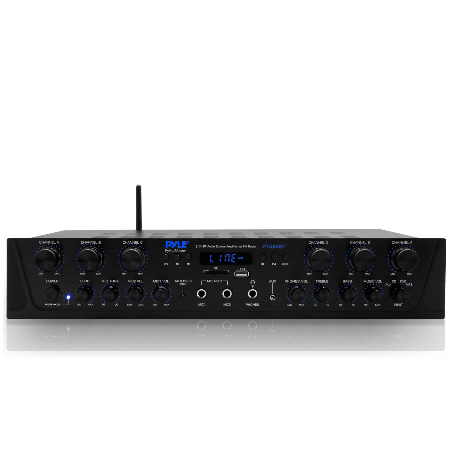 Pyle Bluetooth Home Audio Amplifier - 6 Channel Stereo Receiver Amp, 600 Watt Power, Commercial or Karaoke with Mic Talkover, Headphone Jack, 1/4''