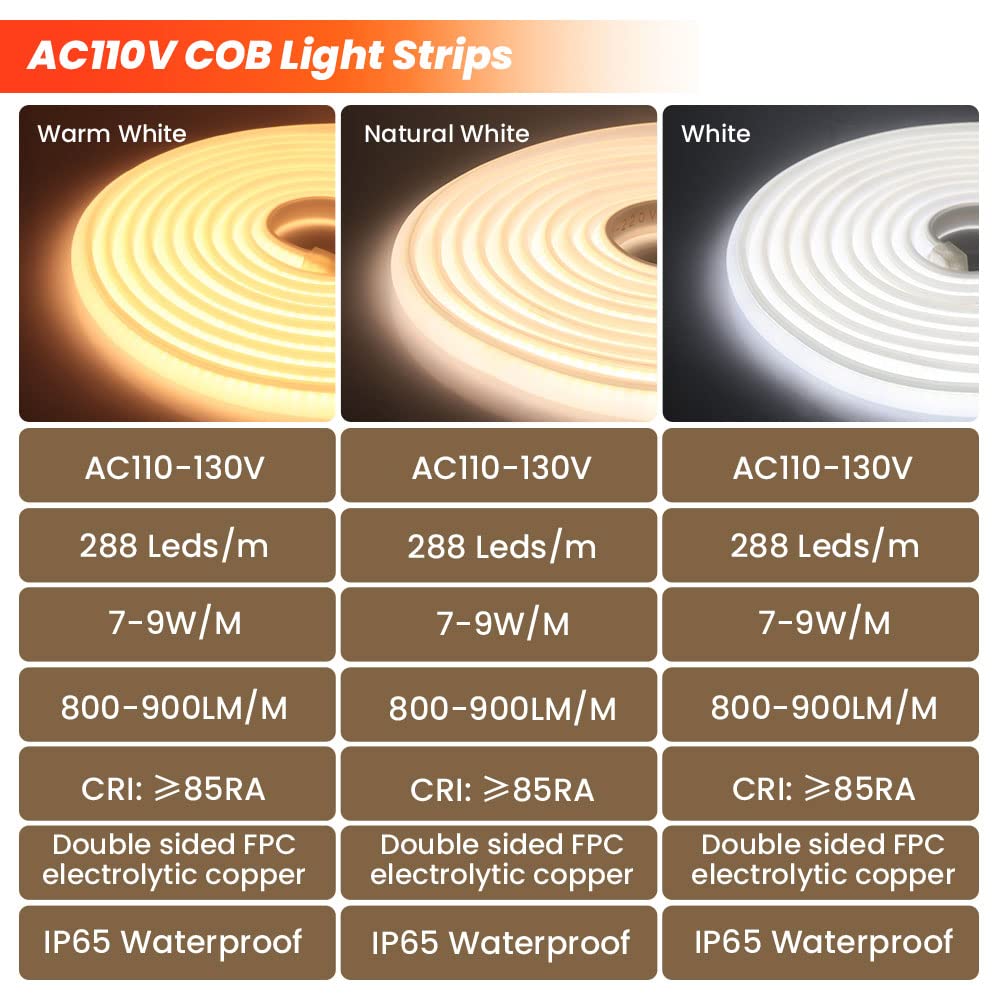 KISUFU COB LED Strip Lights, Neon 110V 288 LED LightsClippable, COB Flexible Neon Strips Plug Strap Switch,High Brightness LED Tape Light