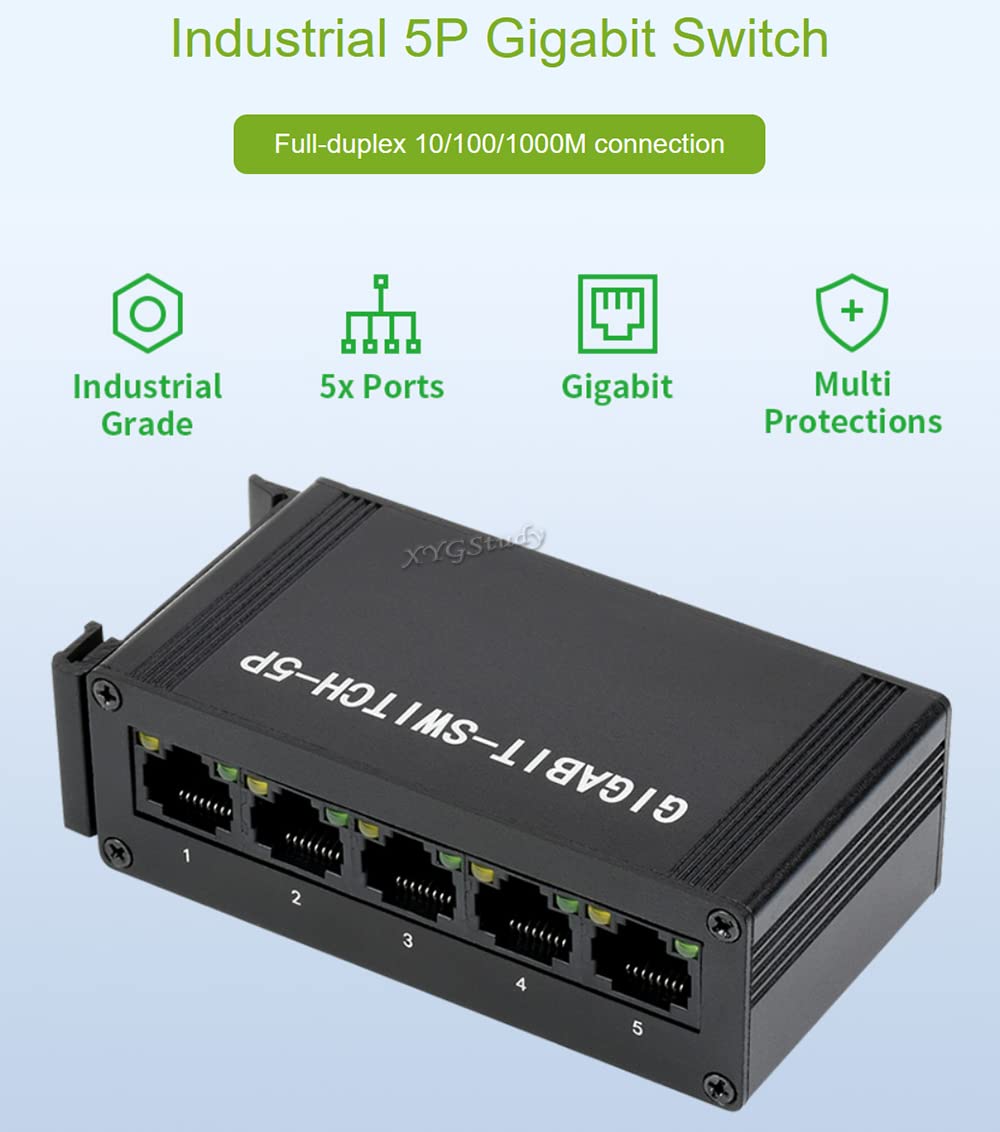Industrial Grade 5P Gigabit Ethernet Switch IEEE 802.3X-Compliant Full-Duplex 10/100/1000M DIN Rail Mount Connection @XYGStudy