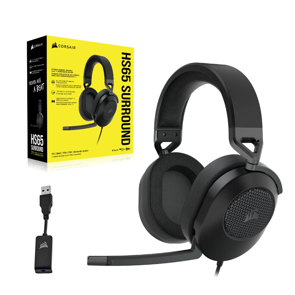 Corsair HS65 Surround Gaming Headset (Leatherette Memory Foam Ear Pads, Dolby Audio 7.1 Surround Sound on PC and Mac, SonarWorks SoundID Technology