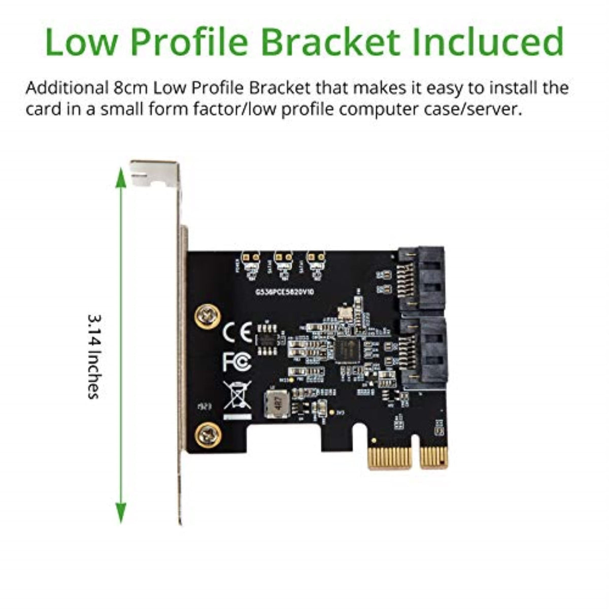 2 Port SATA III Expansion Card with Low Profile Bracket - 6Gbps SATA 3.0 Controller PCI Express x1 Jmicro Chipset for Windows10/8/7/XP/Vista/Linux