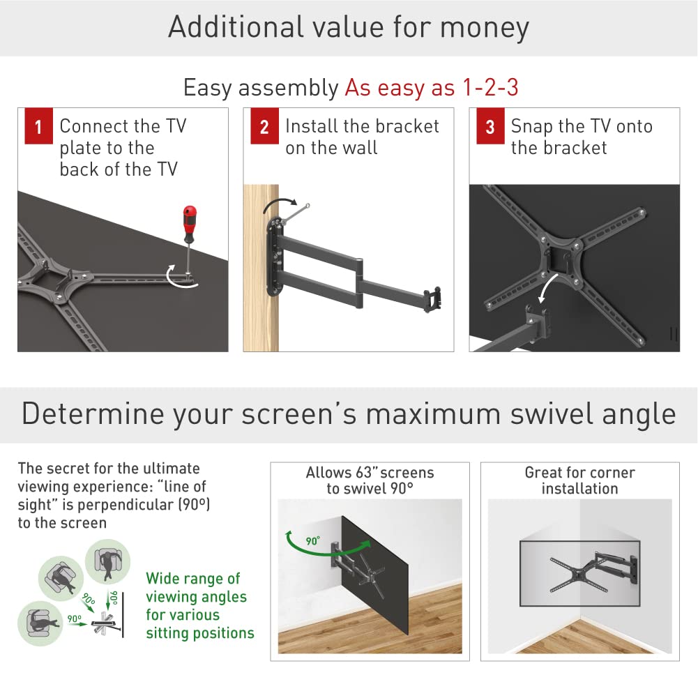 Barkan 30'' Long TV Wall Mount, 13-65 inch Full Motion Articulating - 4 Movement Flat/Curved Screen Bracket, Holds up to 80lbs, Extremely Extendable