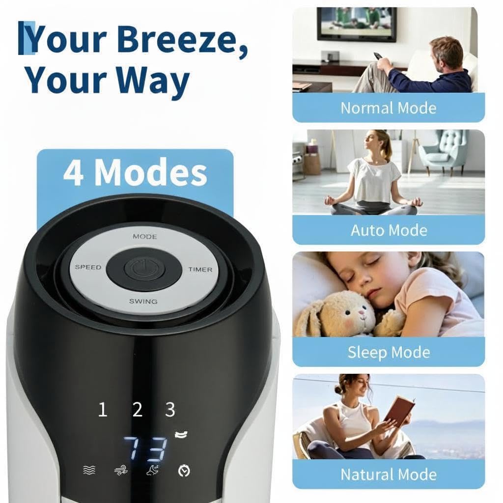 JustSmart Tower Fan - Upgraded DC Motor, 56dB Quiet, 18ft/s Airflow, 60° Oscillating, Remote & Touch Screen