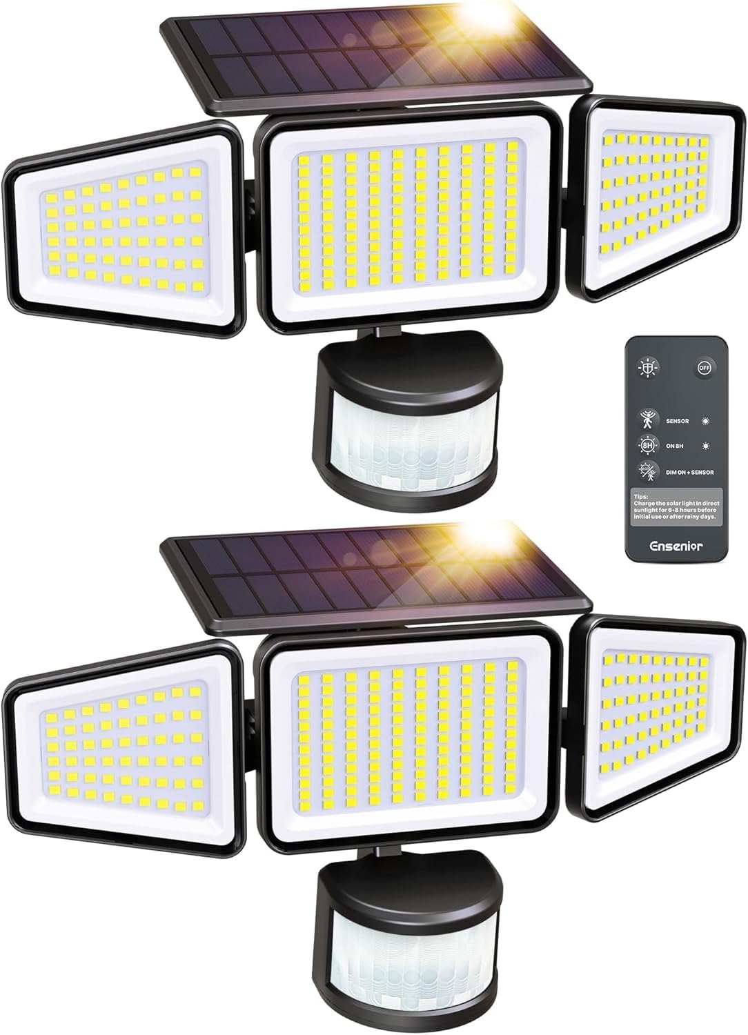 Ensenior Solar Motion Lights Outdoor, 228 LED 3000LM High Brightness Security Lights with Remote Control, IP65 Waterproof 3 Heads Flood Light 4 Modes