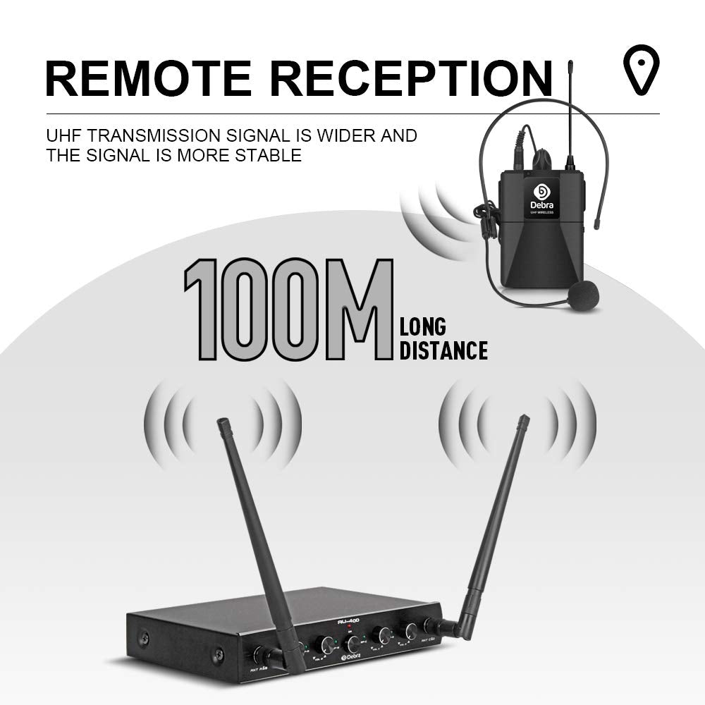 Debra Audio Pro UHF 4 Channel Wireless Microphone System with Cordless Handheld Lavalier Headset Mics, Metal Receiver, Ideal for Karaoke Church Party