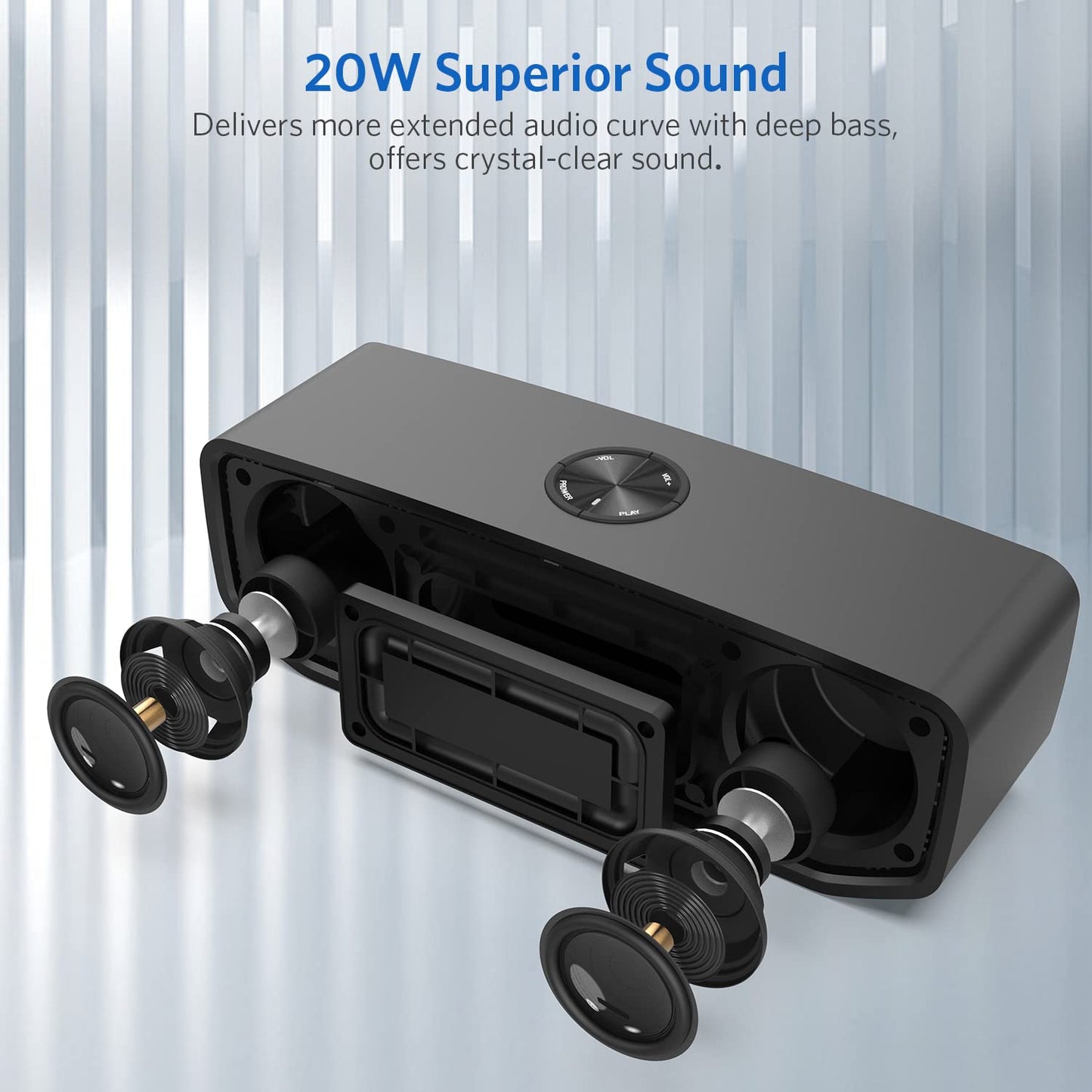FIODIO Portable Bluetooth Speaker with 20W HD Stereo Sound and Bass, Built-in Microphone, Water-Resistant, Battery Powered Speaker for Home, Sports