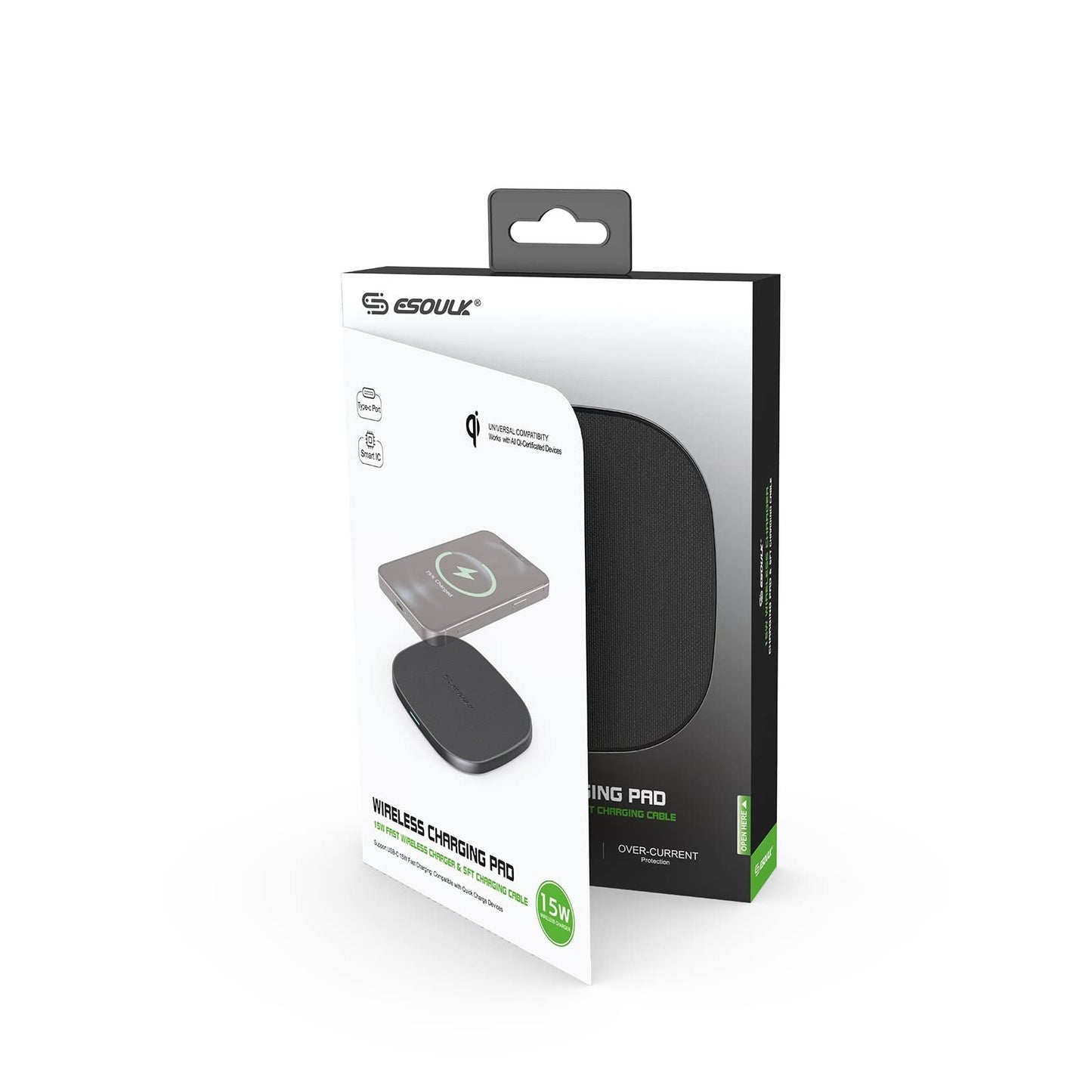 Esoulk Black 15W QI Wireless Charger & 5FT Type-C Charging Cable Slim & Compact - Fast Charger - Charging Plug/Brick not Included - Compatible