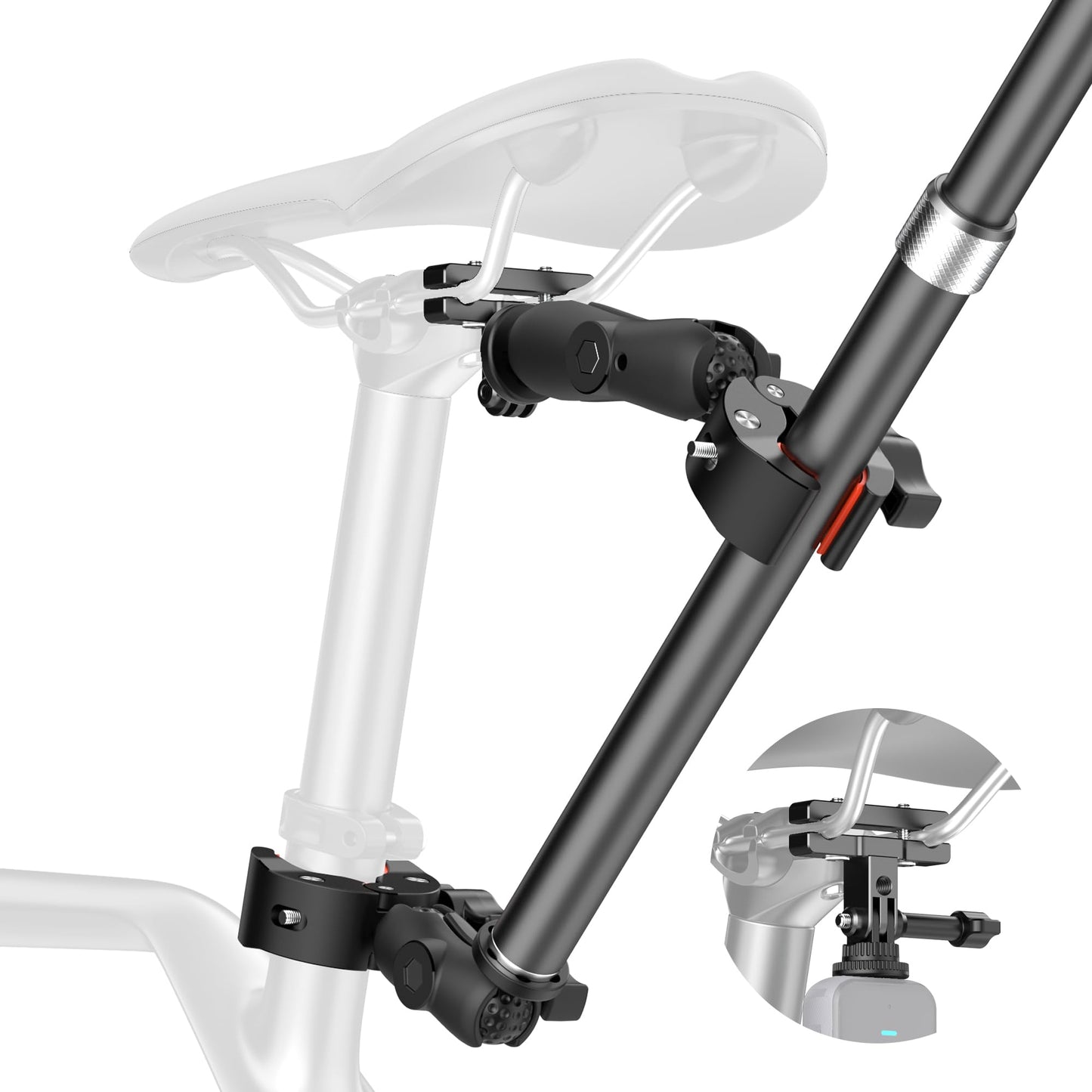 Upgraded Aluminum Bike Tail Mount Kit for Insta360 X5, Third-Person Shots Bike Seat Tail Mounts Dual Clamp Handlebar Mount with Selfie Stick