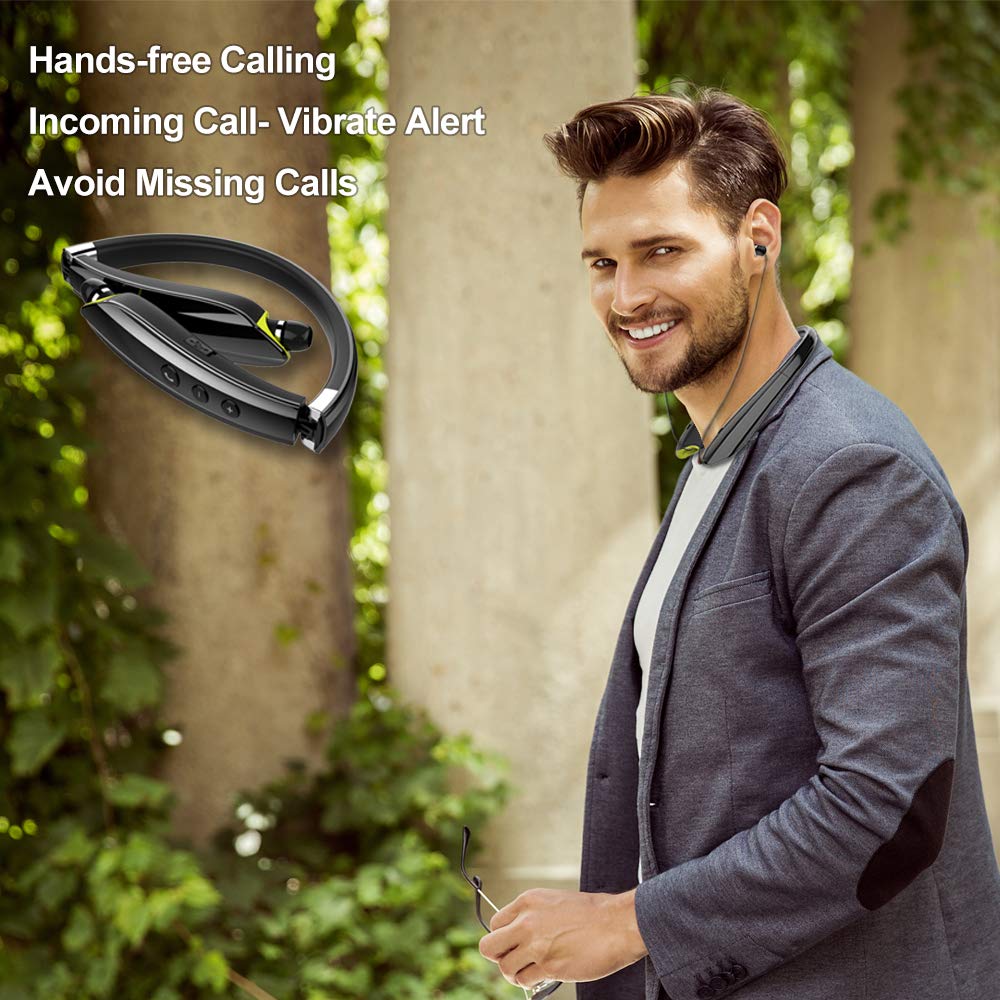 BEARTWO Bluetooth Headphones, Upgraded Foldable Wireless Neckband Headset with Retractable Earbuds, Noise Cancelling Stereo Earphones with Mic