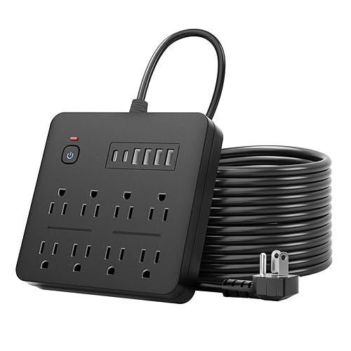 6 FT Flat Plug Surge Protector Power Strip,8 Multiple AC Outlets with 6 USB Ports (2 USB C), 6 Feet Extension Cord, 1250W/10A, One Touch Switch