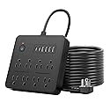 6 FT Flat Plug Surge Protector Power Strip,8 Multiple AC Outlets with 6 USB Ports (2 USB C), 6 Feet Extension Cord, 1250W/10A, One Touch Switch
