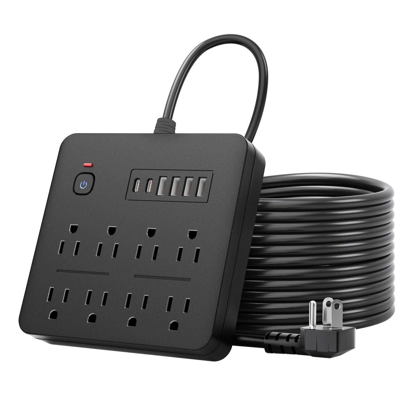6 FT Flat Plug Surge Protector Power Strip,8 Multiple AC Outlets with 6 USB Ports (2 USB C), 6 Feet Extension Cord, 1250W/10A, One Touch Switch