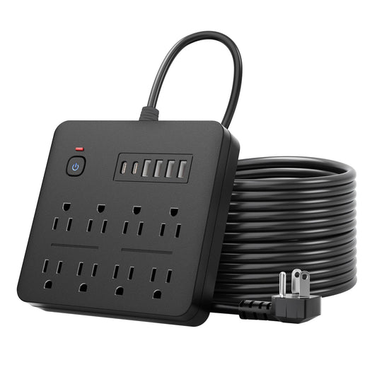 6 FT Flat Plug Surge Protector Power Strip,8 Multiple AC Outlets with 6 USB Ports (2 USB C), 6 Feet Extension Cord, 1250W/10A, One Touch Switch